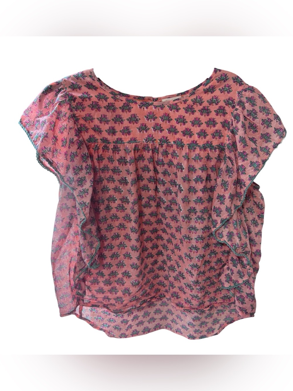 World Market Floral Block Print Blouse Top Coral Pink Boho Flutter L/XL
